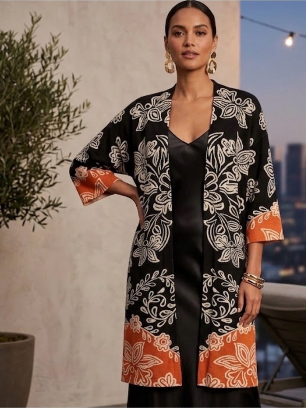 Black & Orange Floral Knit Duster Coatigan